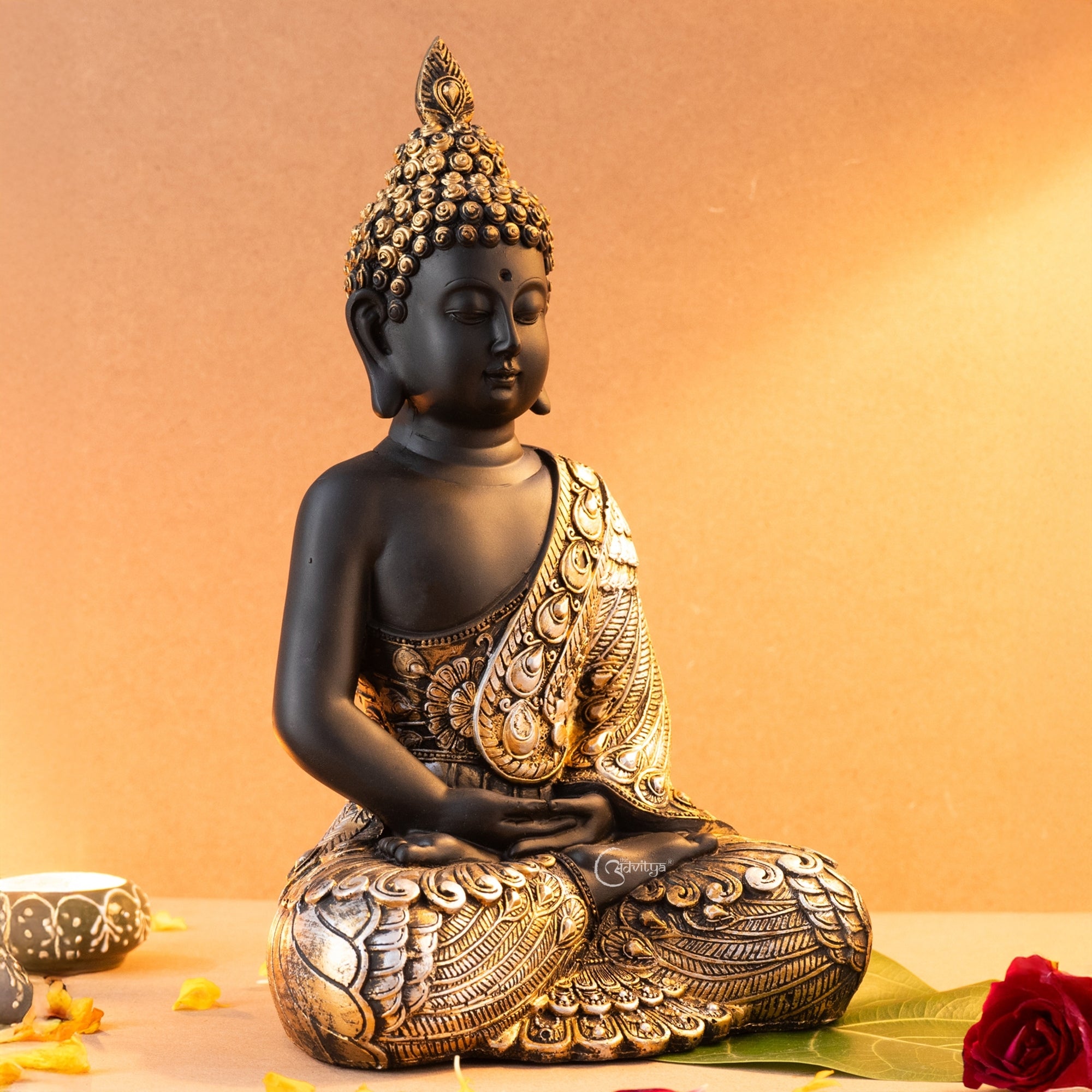 Resin Lord Gautama Buddha Decorative Statue (Black & Golden)