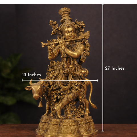 Lord Krishna with Cow Idol in Brass Finish for Temple & Decor | 27 Inches