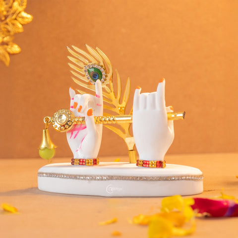 Marble Krishna Hand Statue in White with Flute and Morpankh