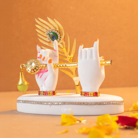 Marble Krishna Hand Statue in White with Flute and Morpankh