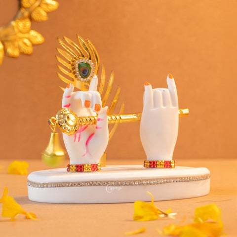 Marble Krishna Hand Statue in White with Flute and Morpankh