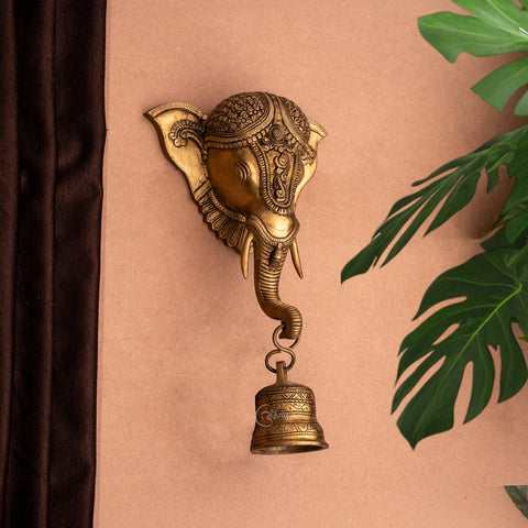Brass Ganesha Face Wall Hanging With Bell