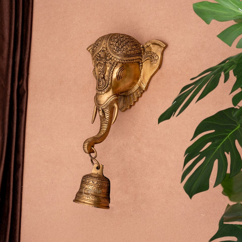 Brass Ganesha Face Wall Hanging With Bell
