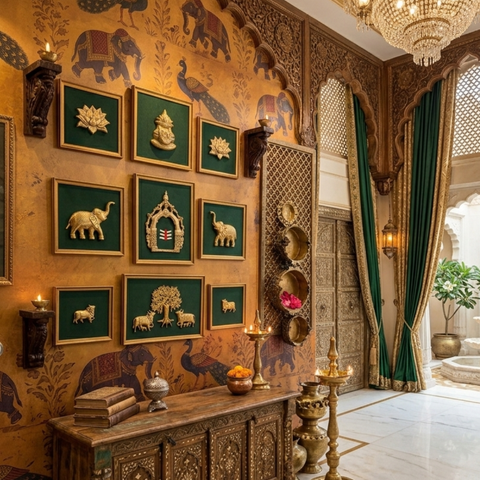 Brass Wall Decor Frame set Emerald Green