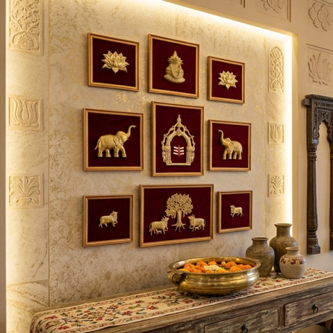 Brass Maroon 9 Frame Wall decor Set with Shiva Tilak
