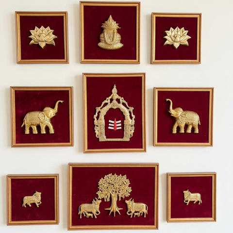 Brass Maroon 9 Frame Wall decor Set with Shiva Tilak
