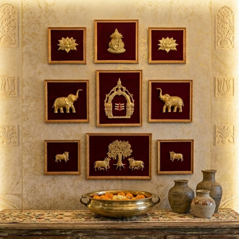 Brass Maroon 9 Frame Wall decor Set with Shiva Tilak