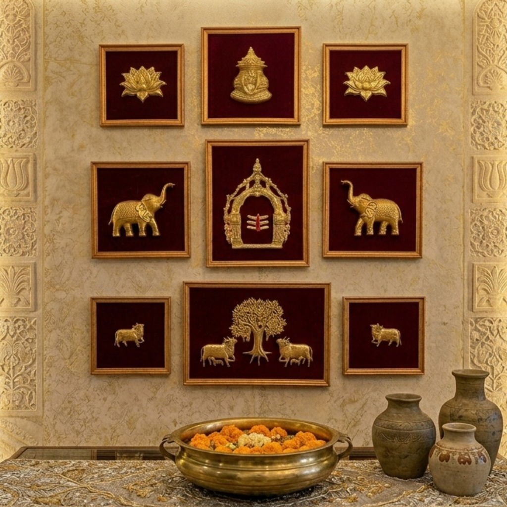 Brass Maroon 9 Frame Wall decor Set with Shiva Tilak