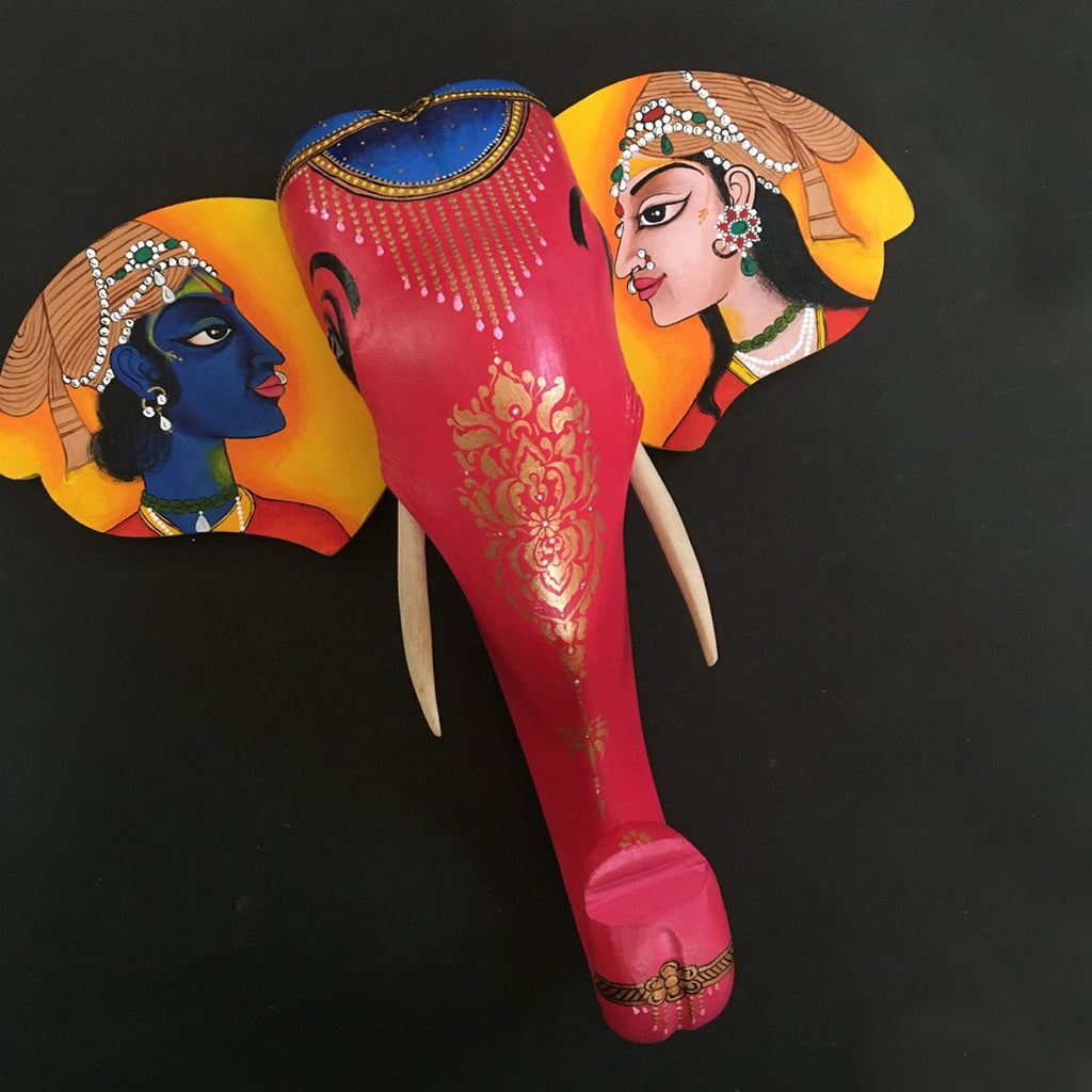 radha krishna wooden head , radha krishna wooden statue , radha krishna wooden elephant head , wall decor , wooden radha krishna wall decor 