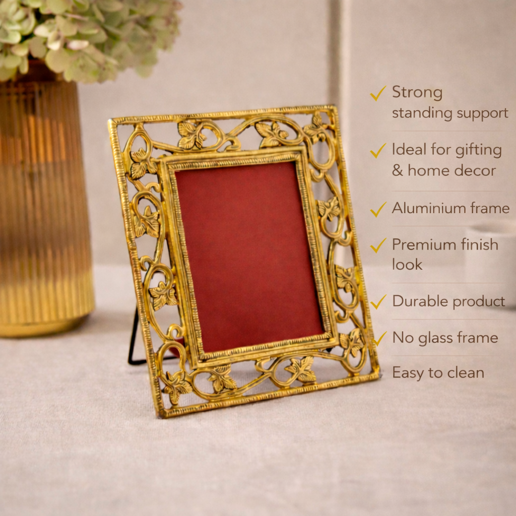 Photo Frame | Aluminium Build | Golden Color | Royal Finish | Decor Item | 8.2 X 9.8 Inch