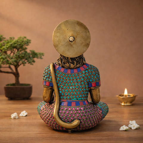 Hanuman's Abhaya Mudra Murti in Brass with Stonework | 11.5 inches