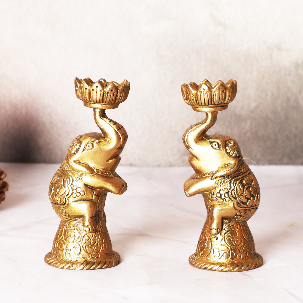 Brass Elephant Candle Stand Pair
