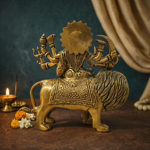 Maa Durga on Lion Brass Statue for Home & Temple | 7 Inch
