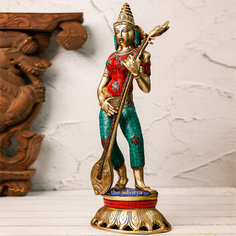 Vidyadati,saraswati,vanda devi,Saraswati Mata,Brahmani,Hansvahini,vinavadni,Brass Mosaic Standing Saraswati Strums on her Veena