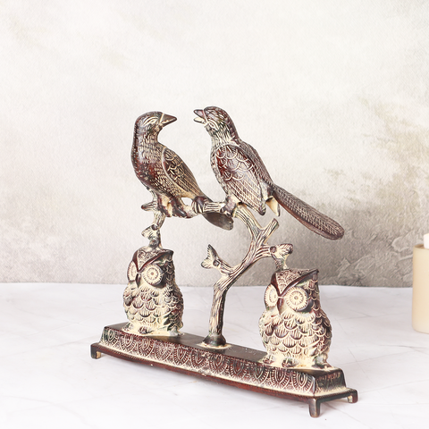 Antique Brass Bird Pair Sitting On Branch  With Two Owls