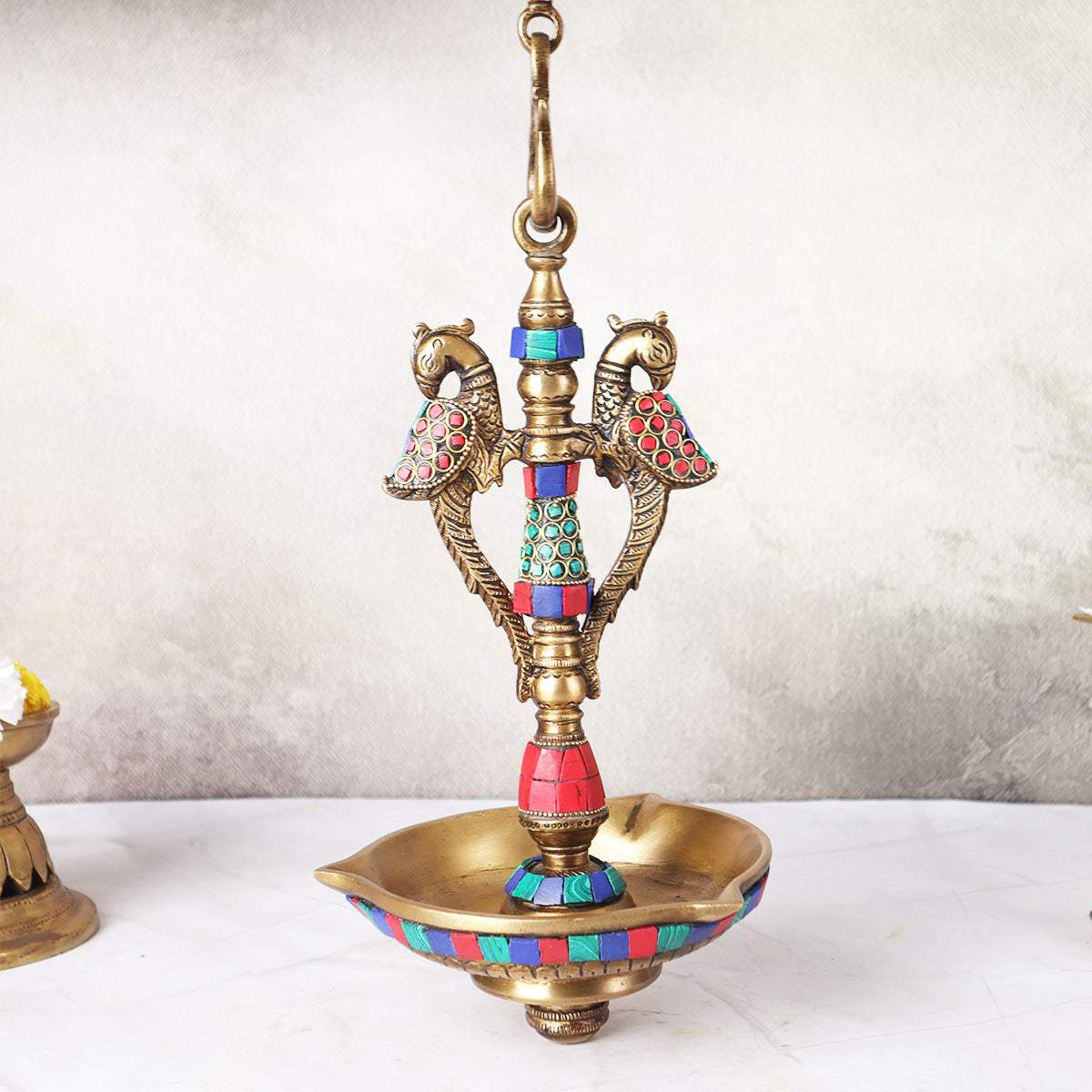 Brass Peacock Hanging Diya With Mosaic Work