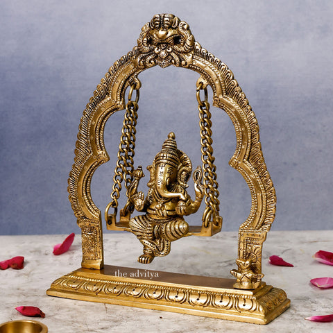 Ganesha,Ganepati,Ganasha,Ganapati,Gajanand,Gajananaa,Gajanana,Ekadanta,Brass Yali Jhula With Ganesha Sitting On It