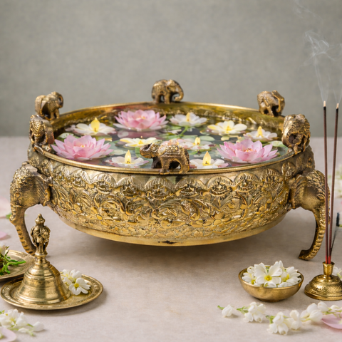 Elephant Face Urli | Brass Bowl for Decor & Gifting | Lightweight | Floral Detailing | 8 X 4 Inches