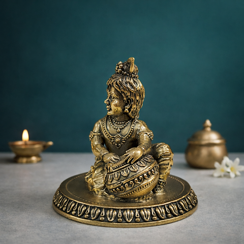 Bal Krishna Idol | Makhanchor Swaroop | Brass Superfine Finish | Home & Mandir Decor | 3 Inches
