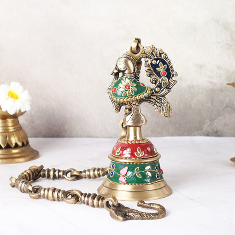 Brass Peacock Temple Hanging Bell With Mosaic Work