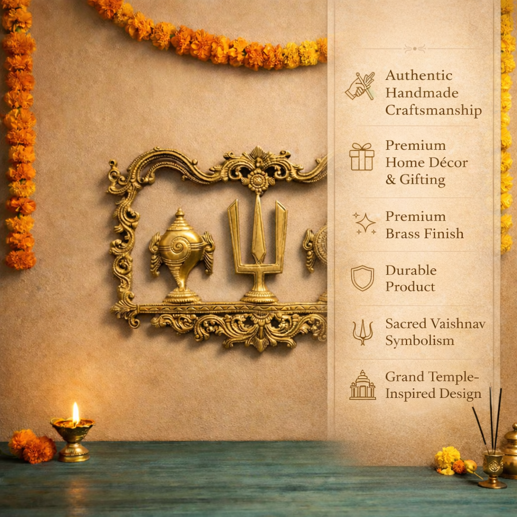 Vaishnav Tilak with Shankh Chakra Brass Wall Hanging Decor | 12.5 inches