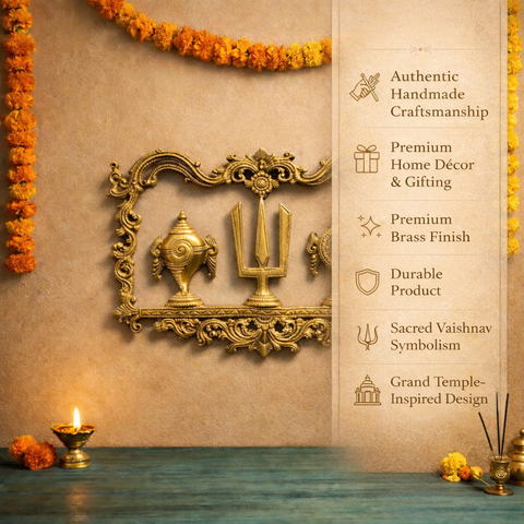 Vaishnav Tilak with Shankh Chakra Brass Wall Hanging Decor | 12.5 inches