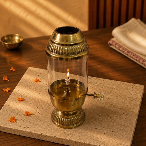 Elegant Brass Oil Akhand Jyot Diya With Adjustable Bati ( Medium, 180 ml Capacity )