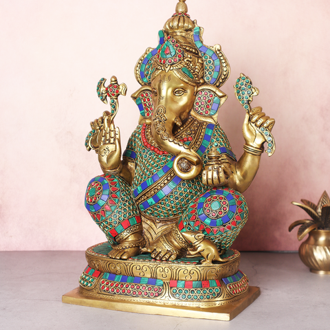 Brass Ganesha Crown-Statue With Mosaic Work