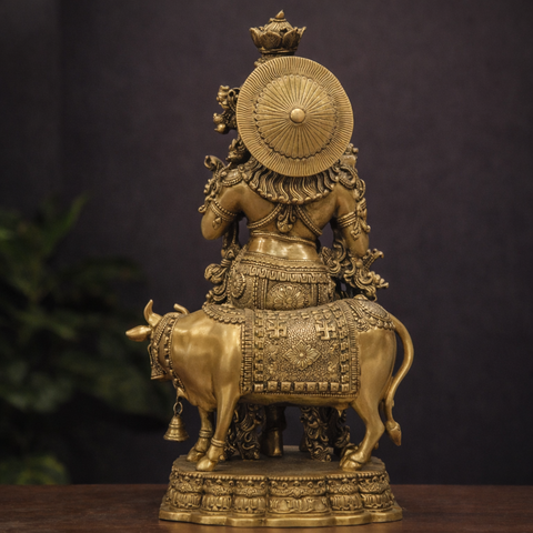 Lord Krishna with Cow Idol in Brass Finish for Temple & Decor | 27 Inches