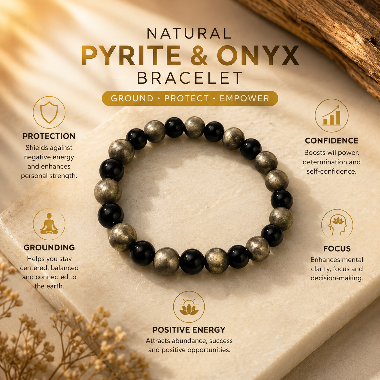 Natural Pyrite & Onyx Bracelet for Wealth, Protection & Confidence