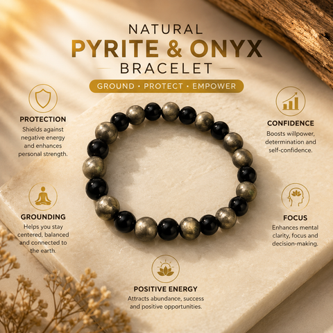 Natural Pyrite & Onyx Bracelet for Wealth, Protection & Confidence