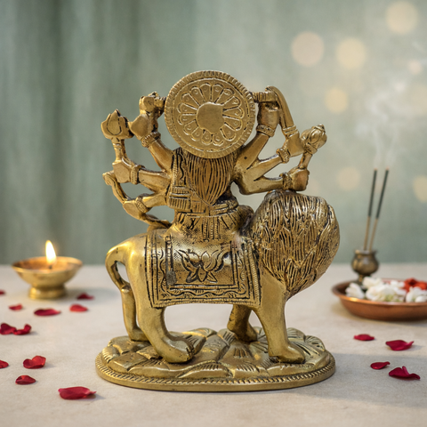 Goddess Durga with Lion Brass Idol for Mandir | 6.5 Inches