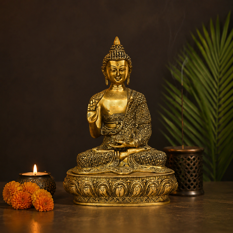 Large Brass Sitting Buddha Statue on Ornamental Base