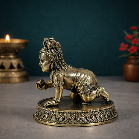 Laddu Gopal Krishna Idol | Crawling Bal Krishna | Brass Superfine Finish | Pooja Essential | 3 Inches