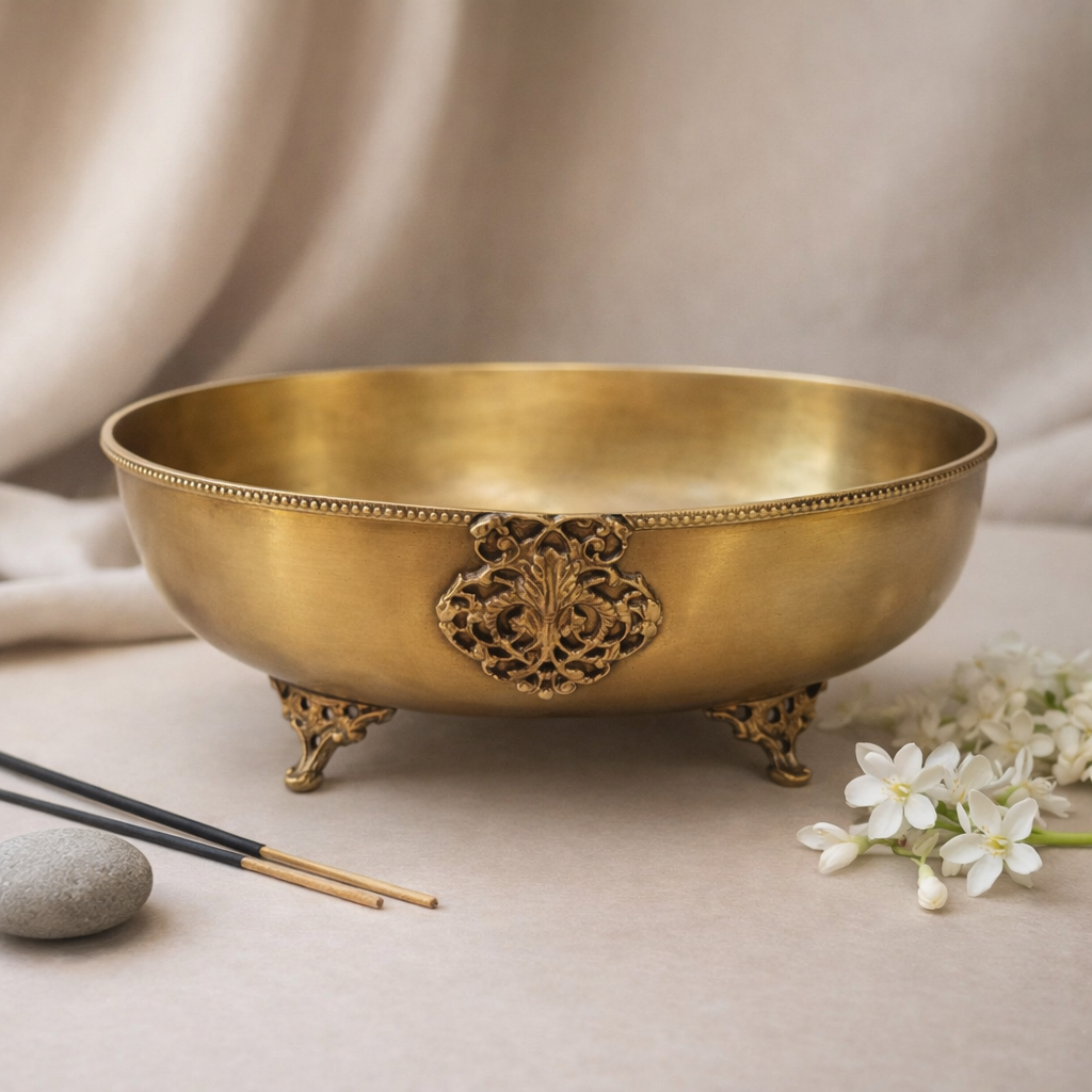 Padma Jal Oval Urli | Brass Bowl | Festive Decor & Gifting | 10 X 3.2 Inches