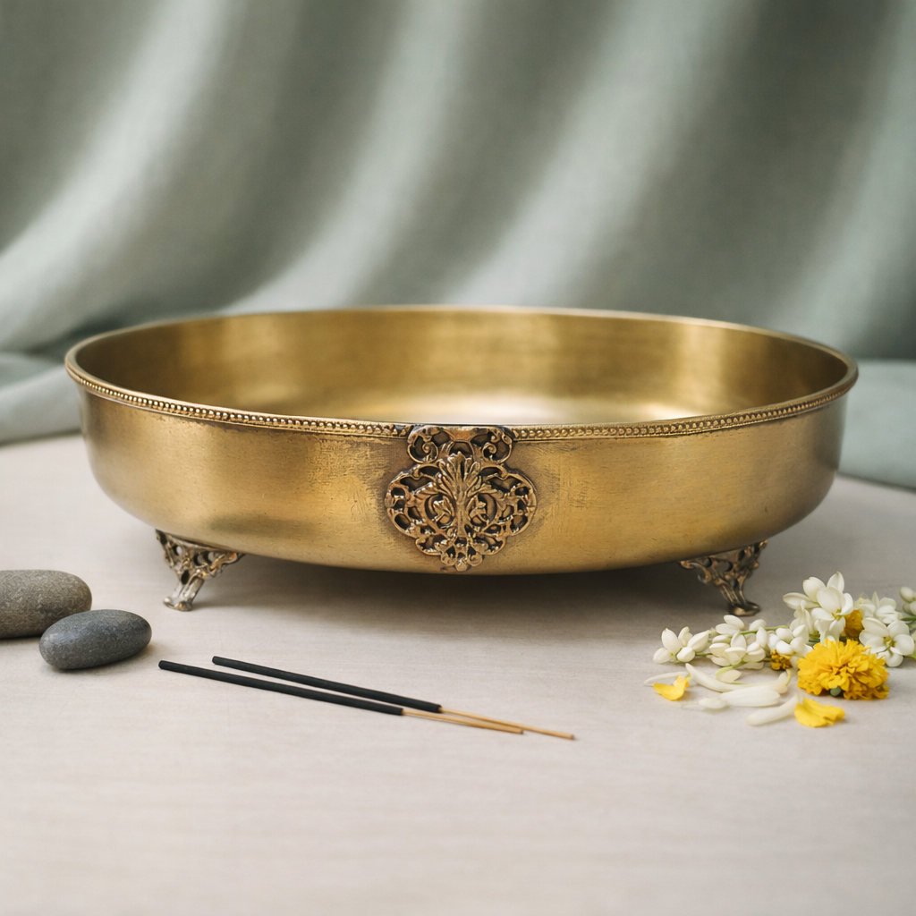 Suvarna Shanti Oval Urli | Brass Bowl | Festive Decorative Bowl | Gifting Item | 12 X 3.2 Inches