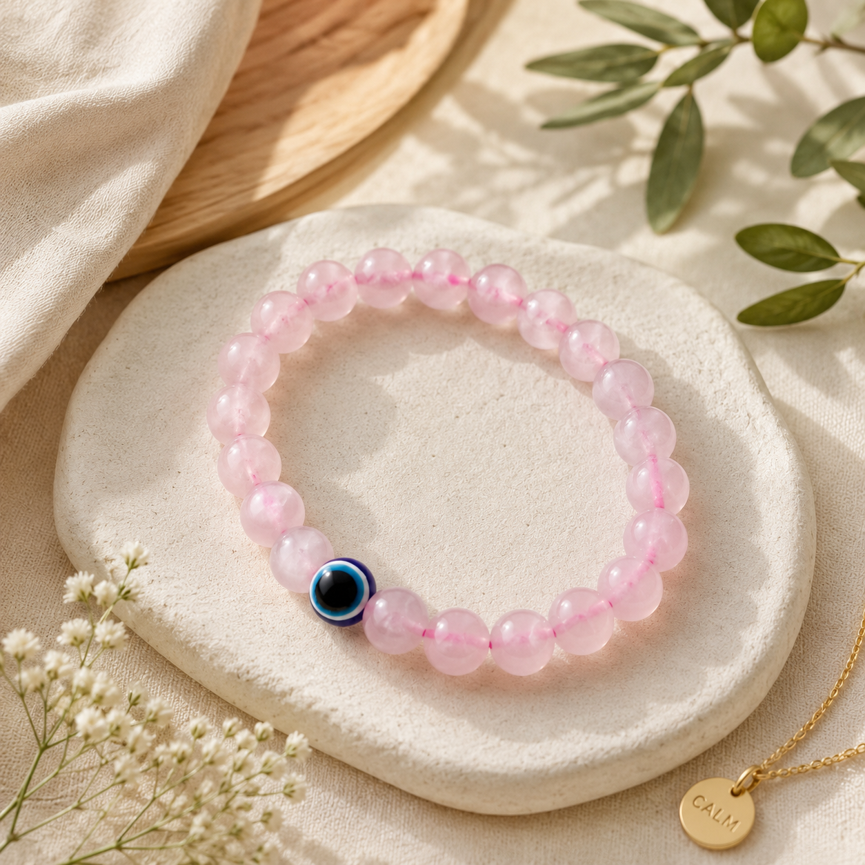 Natural Rose Quartz with Evil Eye Bracelet for Love, Protection & Emotional Peace