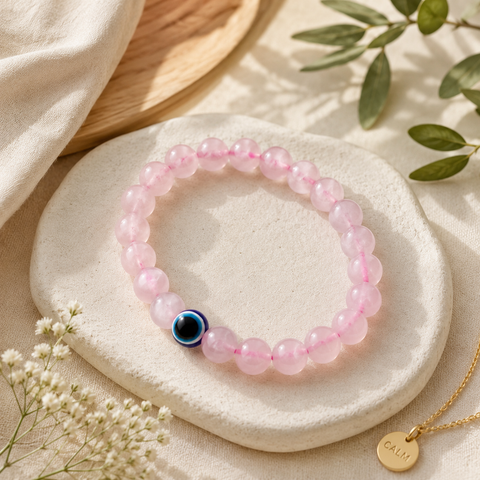 Natural Rose Quartz with Evil Eye Bracelet for Love, Protection & Emotional Peace