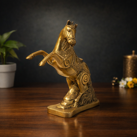 Horse with Raised Legs Brass Statue for Vastu, Success Symbol Decor | 8.5 Inch