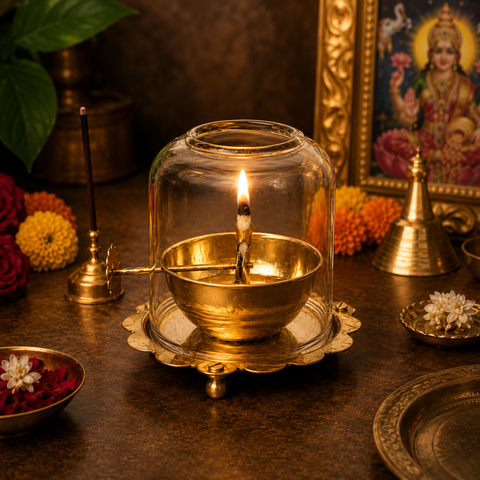Brass Akhand Jyot Diya With Adjustable Bati Knob(Medium| 150 ML)