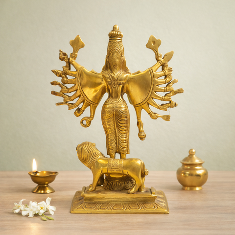 Durga Mahishasur Mardini Brass Idol with Lion for Home Temple & Pooja Room | 10 Inch
