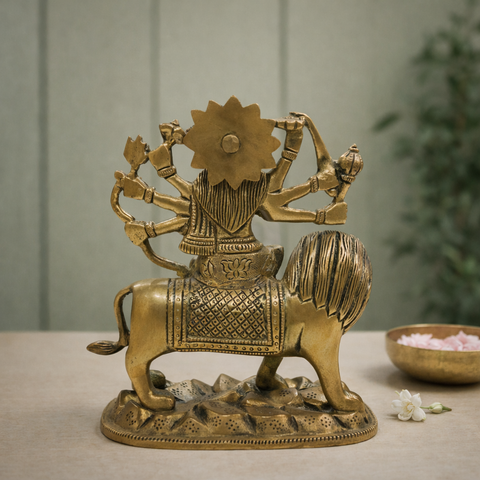 Durga Mata Brass Murti with Lion for Pooja Room | 7.5 Inches