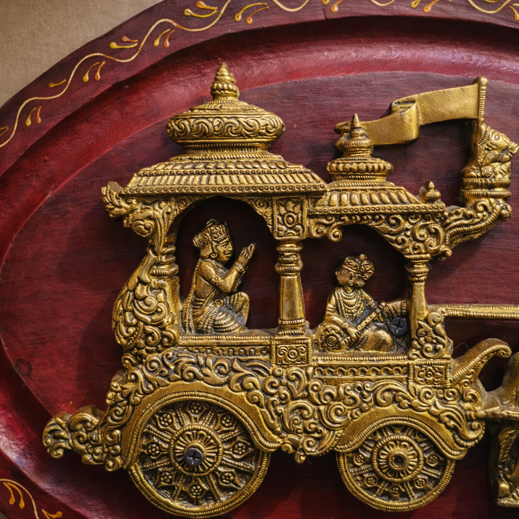 Mahabharata Krishna Arjuna Chariot Brass Wall Hanging with Wooden Base | 18 Inch