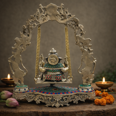 Ganesh on Jhula/Swing | Stonework Finishing | Brass Make| Decor & Gifting | 17.5 Inches