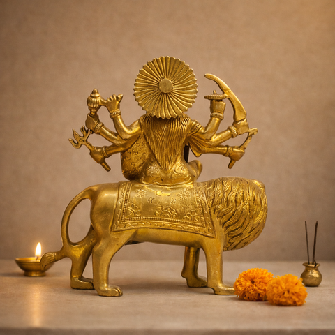 Goddess Durga Murti with Lion in Brass for Mandir, Pooja Room & Festive Decor | 8 Inch