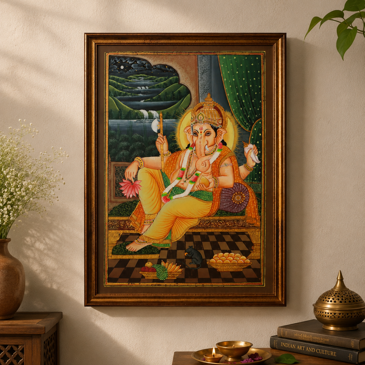 Ganesha with Mushak Vintage Painting in a Wooden Frame