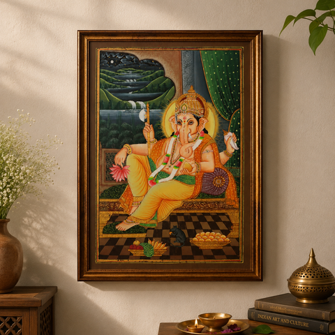 Ganesha with Mushak Vintage Painting in a Wooden Frame