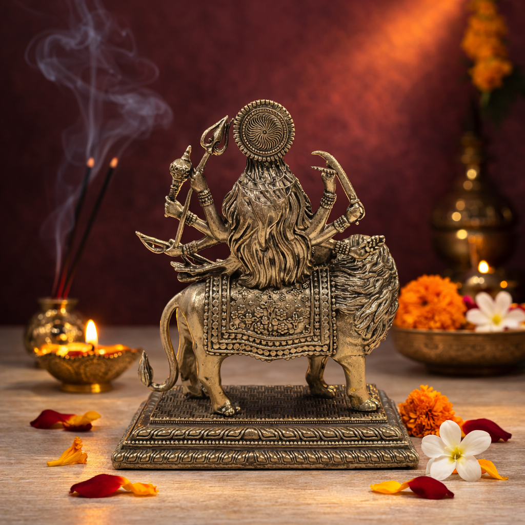 Durga on Lion Superfine Brass Statue for Puja & Home Decor | 4.5 Inch