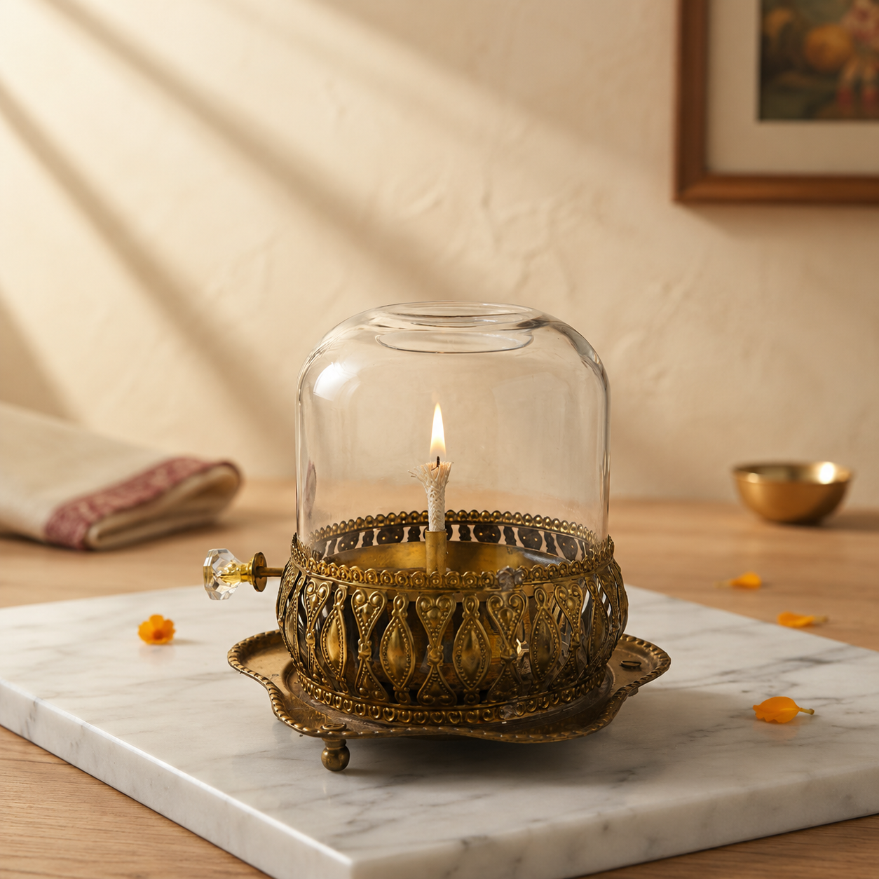 Brass Akhand Jyot Diya With Adjustable Bati Knob( Extra Large,200 Ml )