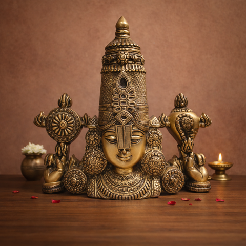 Tirupati Balaji Face with Shankh & Chakra Brass Wall Hanging